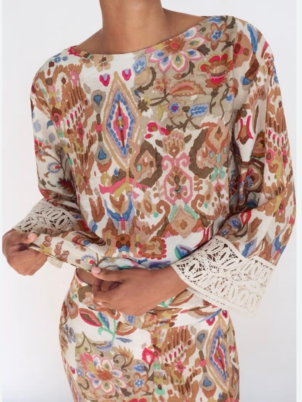 Zara Multicolor Floral Crochet-Sleeve Tunic